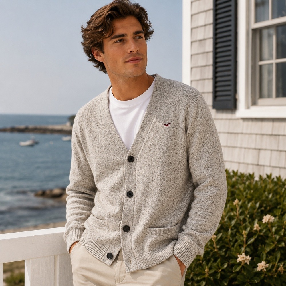 Hollister Mens Cardigan Sweater Sz M Beige Button Front Grandpa Coastal Academia